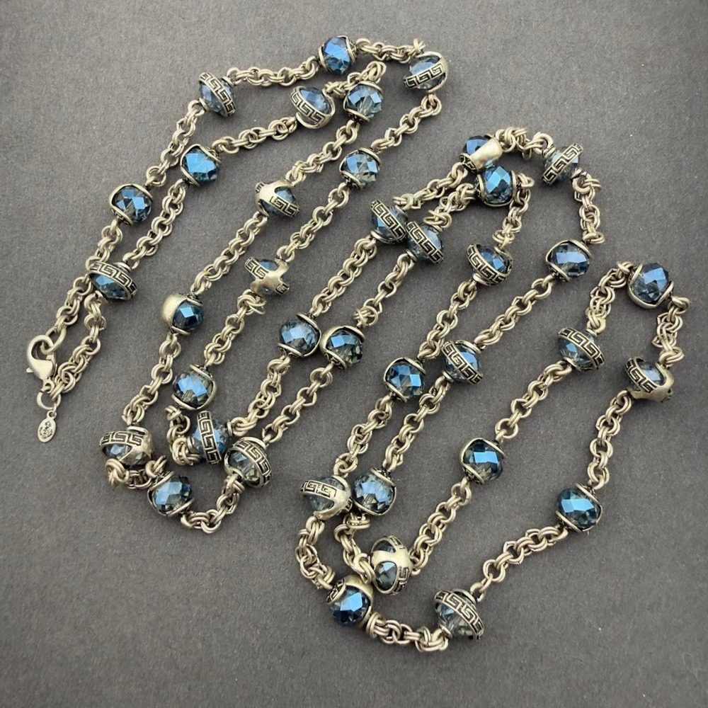 Premier Designs Greek Key Station Necklace Blue Crystal Long Layering Silver